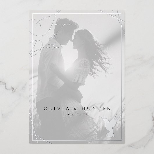 Hummingbird Wedding Save the Date Zwart-wit Folie Uitnodiging (Voorkant)