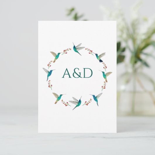 Hummingbird Wreath Wedding RSVP Card Kaart (Staand voorkant)