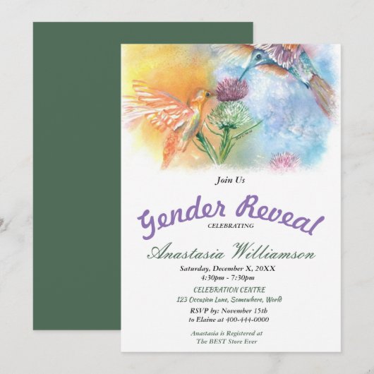 HUMMINGBIRDS BABY GENDER REVEAL ARTITY INVITATION KAART (Voorkant / Achterkant)