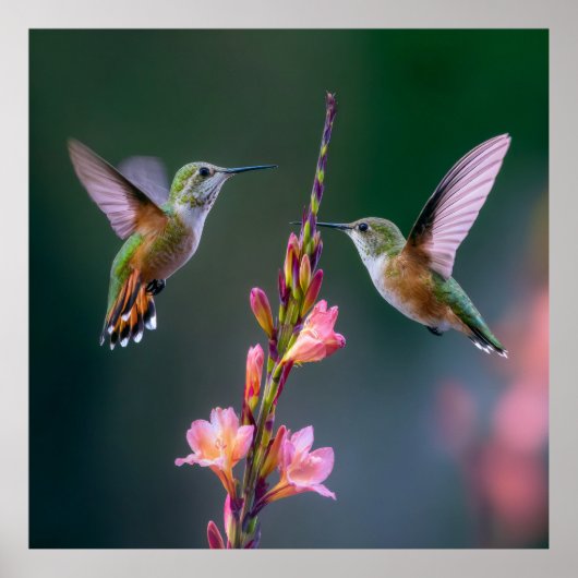 Hummingbirds Gladiolus Flowers Iridescent Pair Poster (Voorkant)