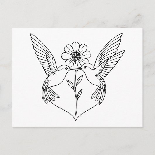 Hummingbirds in Heart Shape with Flower Line Art Briefkaart (Voorkant)
