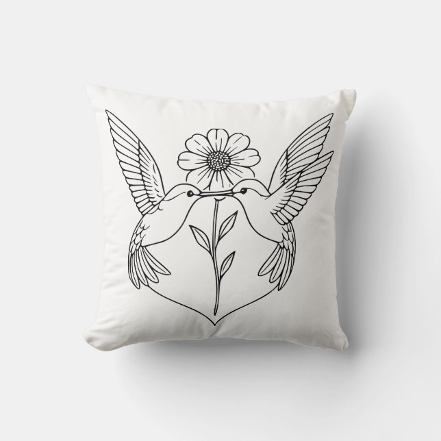 Hummingbirds in Heart Shape with Flower Line Art Kussen (Voorkant)