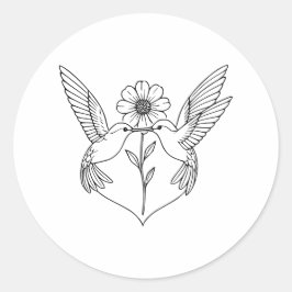Hummingbirds in Heart Shape with Flower Line Art Ronde Sticker