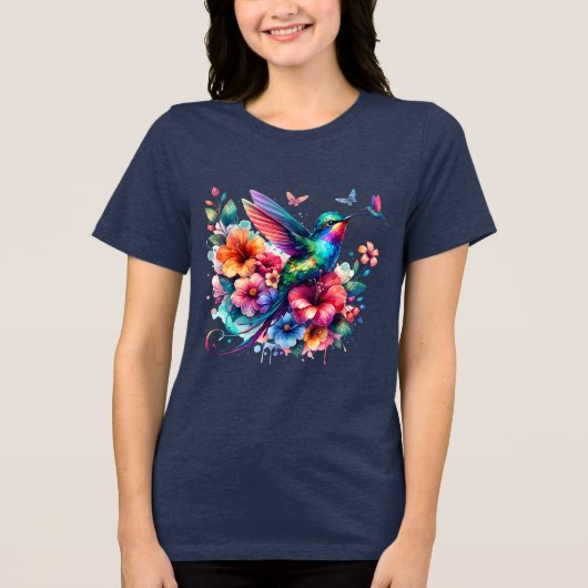 Hummingbirds With Colorful Floral Bouquet T-Shirt (Voorkant)