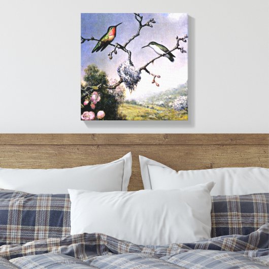 Hummingvogels en appelbloesems, canvas afdruk (Insitu (Slaapkamer))