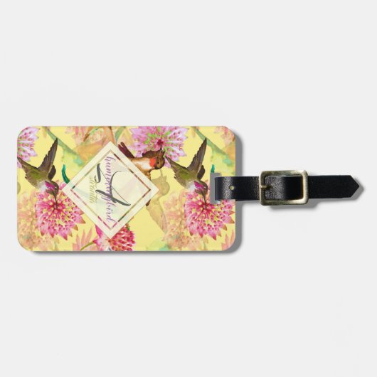 Hummingvogels en Astrantia Monogram Waterverf Bagagelabel (Voorkant horizontaal)