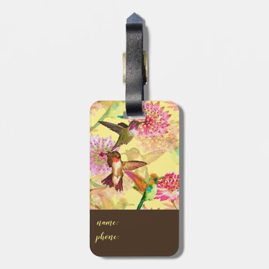 Hummingvogels en Astrantia Monogram Waterverf Bagagelabel (Achterkant verticaal)