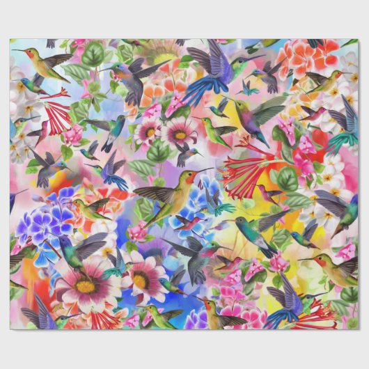 Hummingvogels en bloemen cadeaupapier (Vlak)