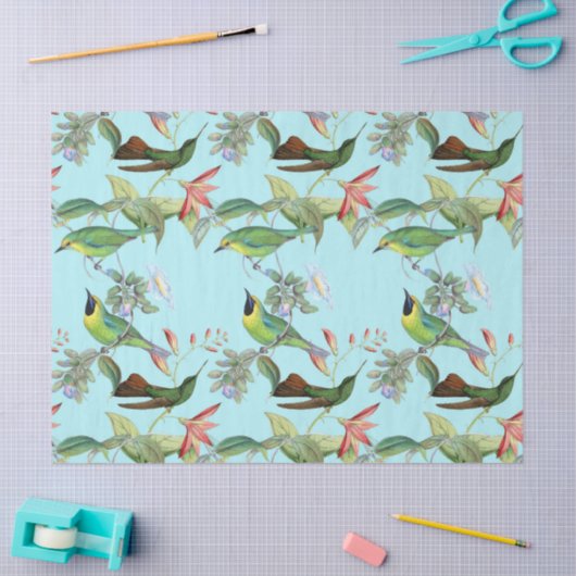 Hummingvogels en bloemen op lichtgroene ontkoppeli tissuepapier (Craft)