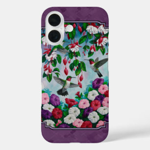 Hummingvogels en bloemen Paars iPhone 16 Hoesje