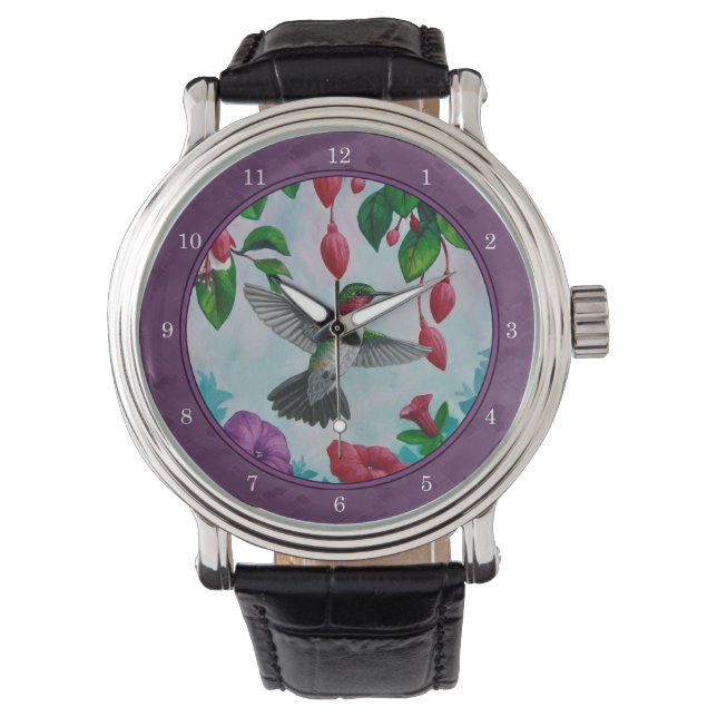 Hummingvogels en bloemen Paars Horloge (Voorkant)