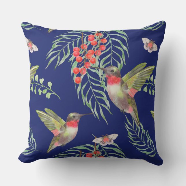 Hummingvogels en Butterflies Blue Tropical Pattern Buitenkussen (Voorkant)