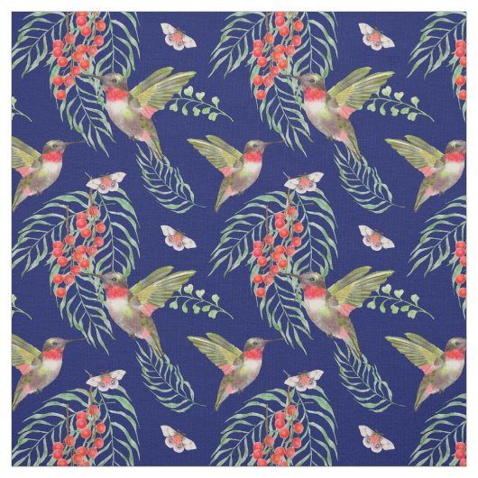 Hummingvogels en Butterflies Blue Tropical Pattern Stof (Swatch)