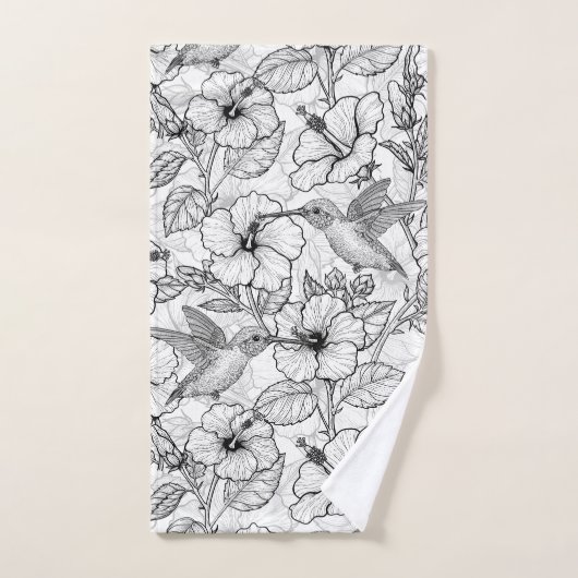 Hummingvogels en hibiscus bloemen b&w bad handdoek (Handdoek)