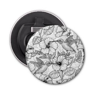 Hummingvogels en hibiscus bloemen b&w button flesopener