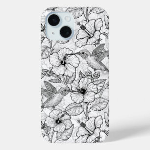 Hummingvogels en hibiscus bloemen b&w iPhone 15 case