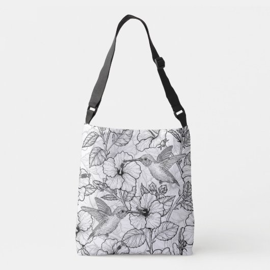 Hummingvogels en hibiscus bloemen b&w crossbody tas (Achterkant)