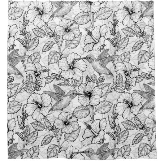 Hummingvogels en hibiscus bloemen b&w douchegordijn (Voorkant)