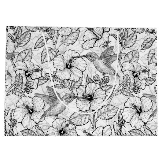 Hummingvogels en hibiscus bloemen b&w groot cadeauzakje (Achterkant)