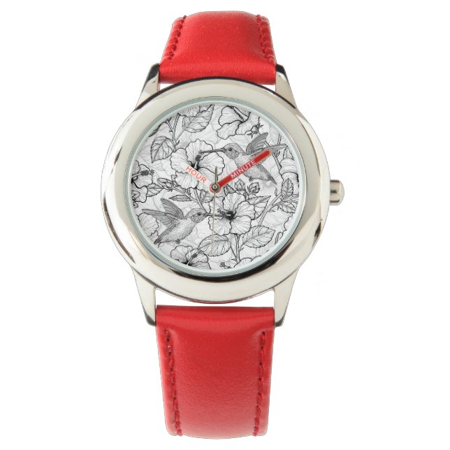 Hummingvogels en hibiscus bloemen b&w horloge (Voorkant)