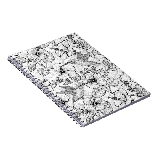 Hummingvogels en hibiscus bloemen b&w notitieboek (Rechterzijde)