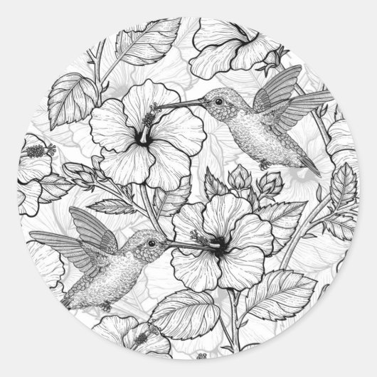 Hummingvogels en hibiscus bloemen b&w ronde sticker (Voorkant)