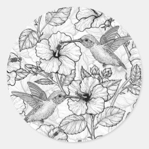 Hummingvogels en hibiscus bloemen b&w ronde sticker