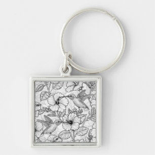 Hummingvogels en hibiscus bloemen b&w sleutelhanger