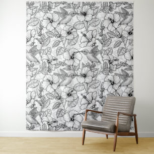 Hummingvogels en hibiscus bloemen b&w wandkleed