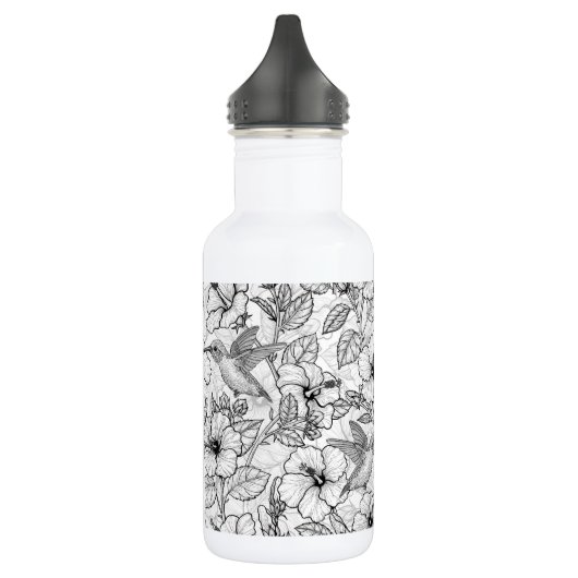 Hummingvogels en hibiscus bloemen b&w waterfles (Links)