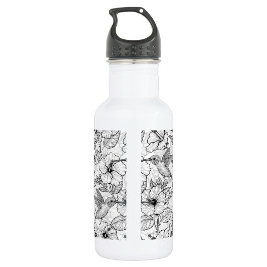 Hummingvogels en hibiscus bloemen b&w waterfles (Achterkant)