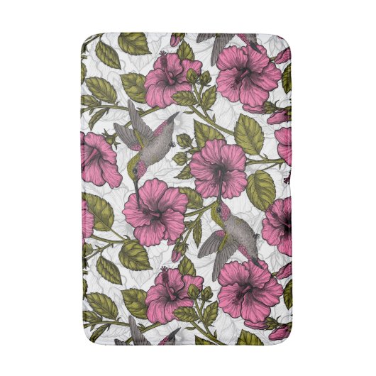 Hummingvogels en roze hibiscus bloemen badmat (Voorkant Verticaal)