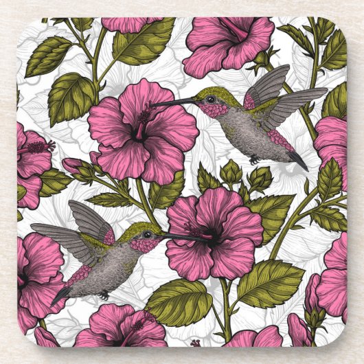 Hummingvogels en roze hibiscus bloemen bier onderzetter (Voorkant)