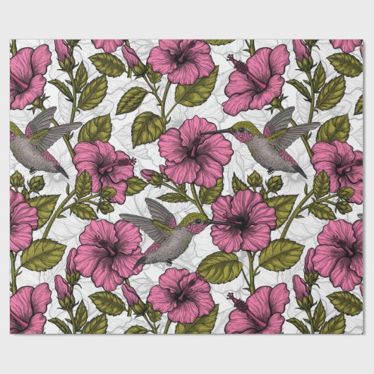 Hummingvogels en roze hibiscus bloemen cadeaupapier (Vlak)