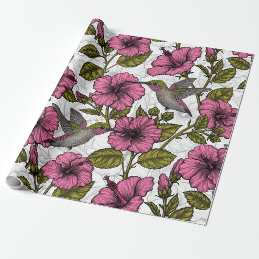 Hummingvogels en roze hibiscus bloemen cadeaupapier (Uitgerold)