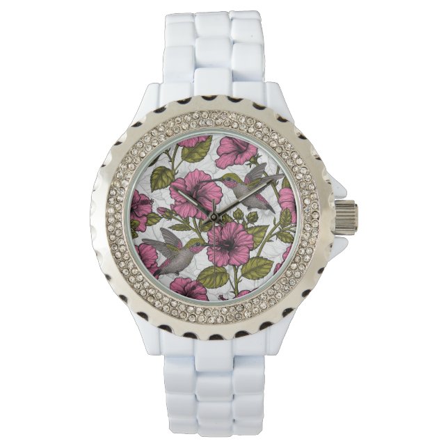 Hummingvogels en roze hibiscus bloemen horloge (Voorkant)