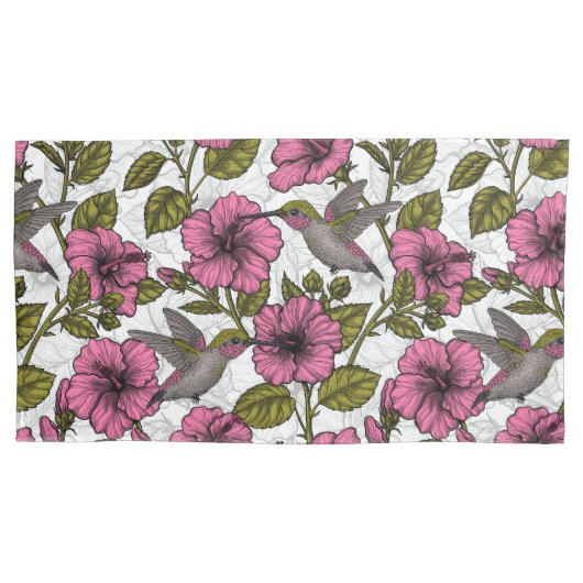 Hummingvogels en roze hibiscus bloemen kussensloop (Voorkant-Links)