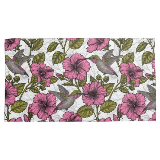 Hummingvogels en roze hibiscus bloemen kussensloop (Voorkant-Rechts)