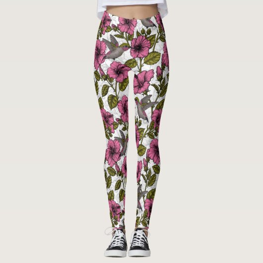 Hummingvogels en roze hibiscus bloemen leggings (Voorkant)