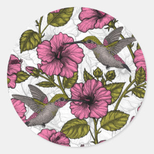 Hummingvogels en roze hibiscus bloemen ronde sticker