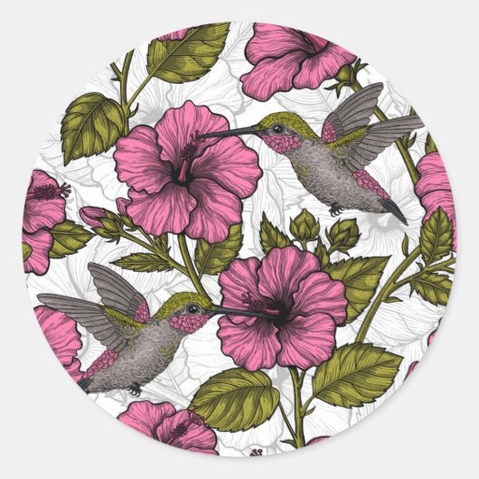Hummingvogels en roze hibiscus bloemen ronde sticker (Voorkant)