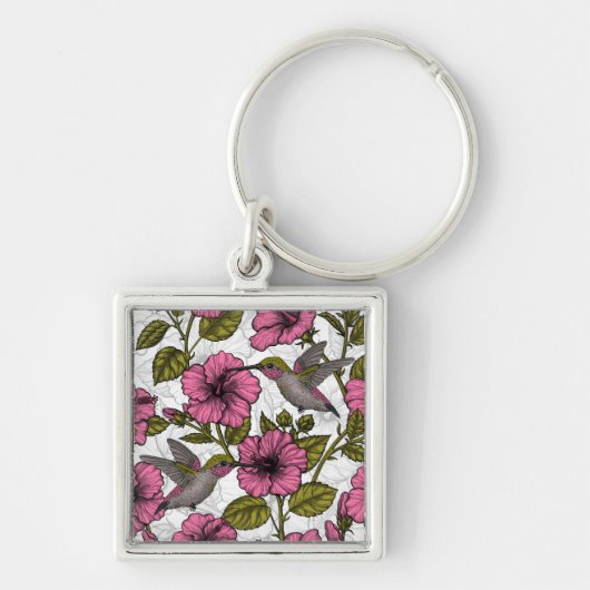 Hummingvogels en roze hibiscus bloemen sleutelhanger (Voorkant)