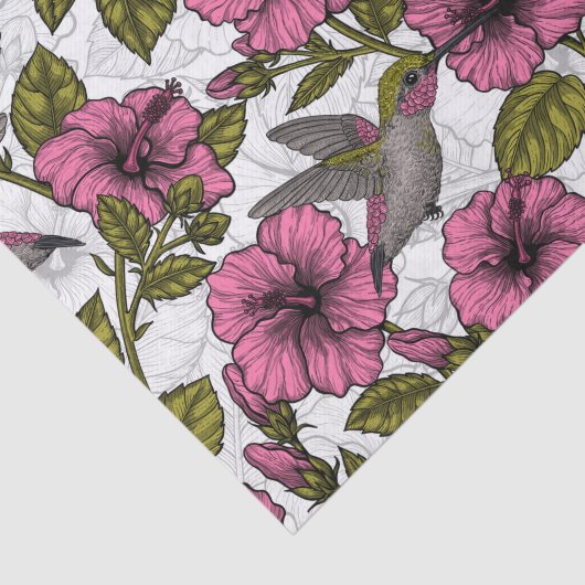 Hummingvogels en roze hibiscus bloemen tissuepapier (Detail)