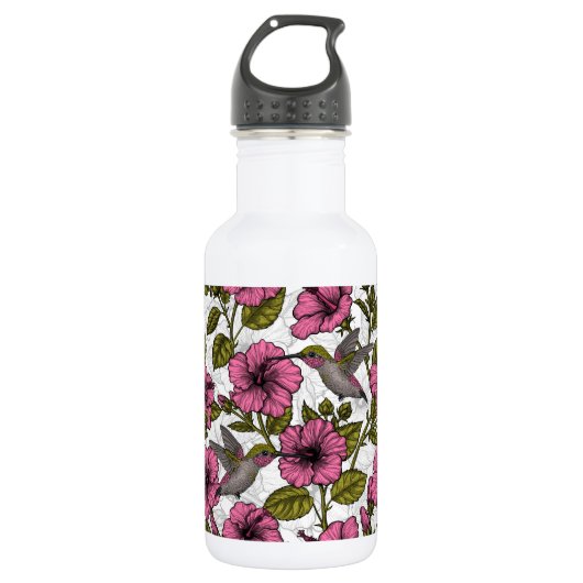 Hummingvogels en roze hibiscus bloemen waterfles (Voorkant)