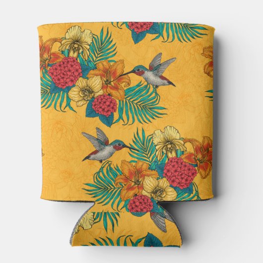 Hummingvogels en tropische bouquet, geel blikjeskoeler (Achterkant)