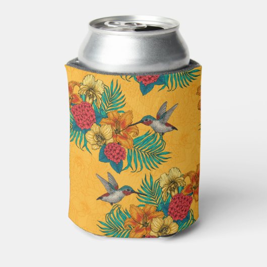 Hummingvogels en tropische bouquet, geel blikjeskoeler (Blikje Achterkant)