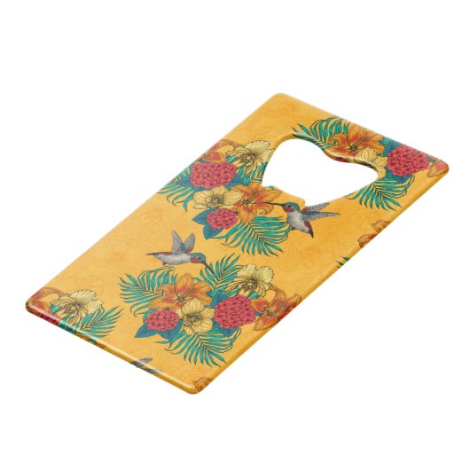 Hummingvogels en tropische bouquet, geel creditkaart flessenopener (Voorkant Gekanteld)