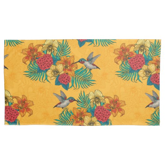 Hummingvogels en tropische bouquet, geel kussensloop (Voorkant-Links)