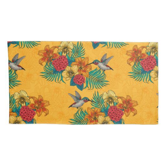Hummingvogels en tropische bouquet, geel kussensloop (Achterkant-Rechts)
