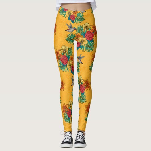 Hummingvogels en tropische bouquet, geel leggings (Voorkant)